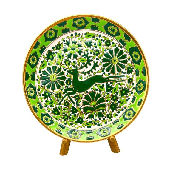 Vtg Nassos Rodos-Hellas Hand-Painted Ceramic Plate Deer Green Floral Greek 8.25" - Picture 1 of 7